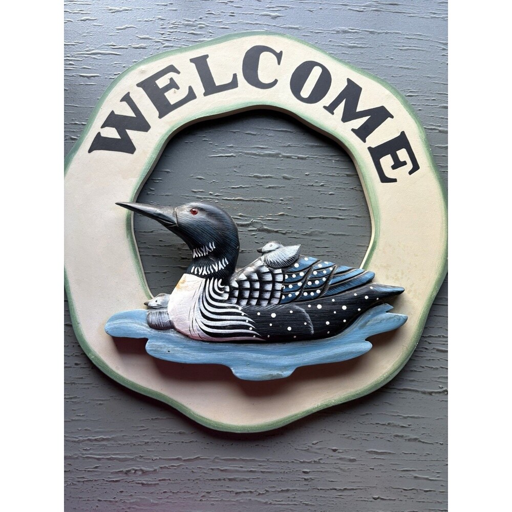 Vintage Wooden Duck Welcome Sign Carved Hand Painted Cabin Decor Rustic Cottage